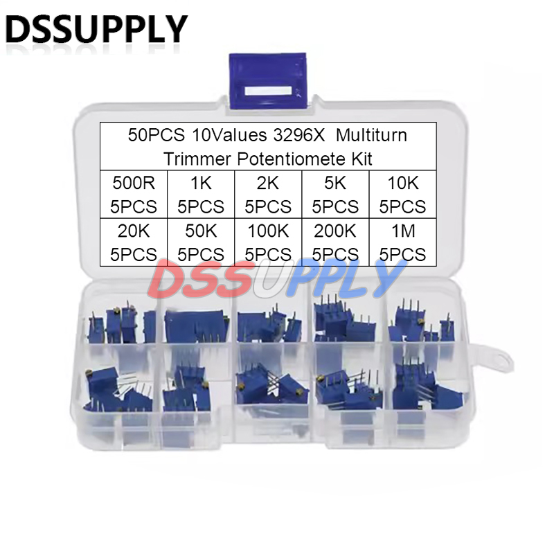 Diy Electronics For Beginners - 50ชิ้นชุดตัวต้านทานแบบปรับละเอียดแบบหมุนหลายจุด3296 3296X ตัวต้านทาน500R 1MΩ ตัวแปรที่มีความแม่นยำสูงพร้อมกล่องอิเล็กทรอนิกส์แบบ DIY
