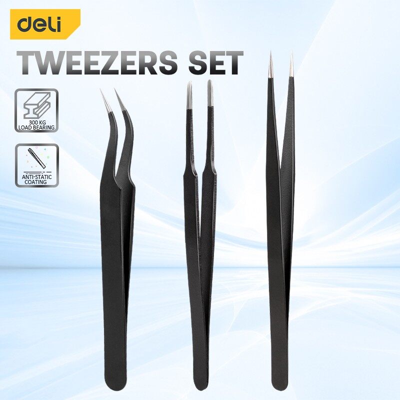 Soldering Iron Kit - Deli ชุดแหนบสแตนเลสเกรด3ชิ้นสำหรับอุปกรณ์อิเล็กทรอนิกส์บัดกรีงานห้องปฏิบัติการการทำเครื่องประดับแบบจำลองงานฝีมือ